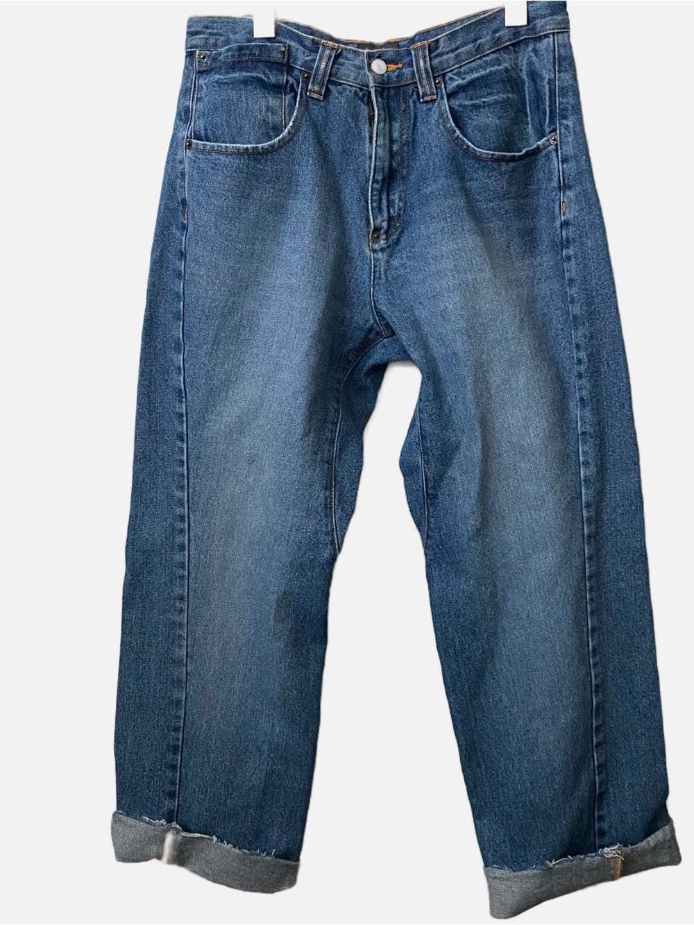 Women’s Wide Leg M Gordon Baggy Medium Wash Jeans Raw Hem Saddle Seat Seaming